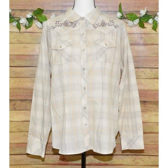 Bit & Bridle Western Shirt Tan Plaid Embroidered Floral Pearl Snaps Size XL - Picture 1 of 12